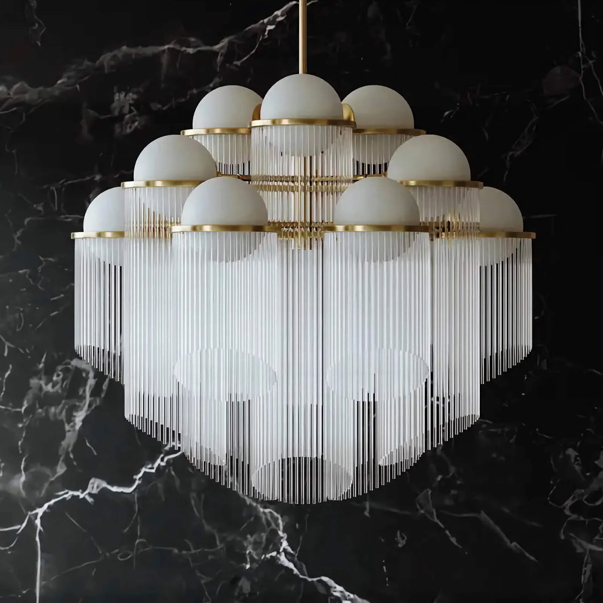 Glass Rod Chandelier for Dining Room or Foyer | 12 Lights Opal Globes Brass 26 31 39 Inch Wide Casalola Luxury Lamps