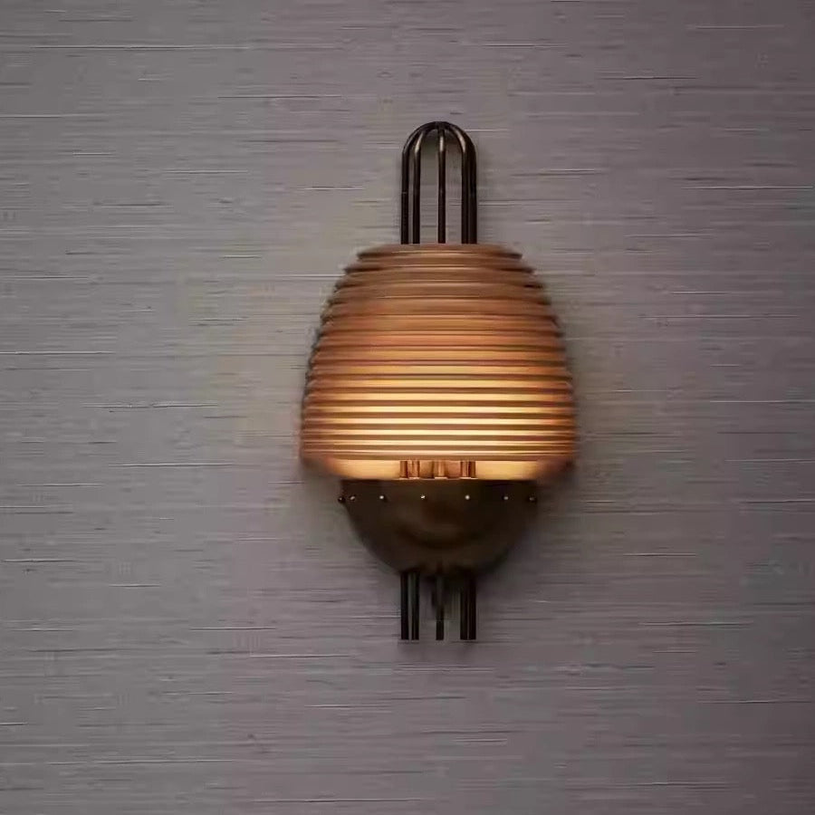 Solid Copper & Amber Ribbed Glass Wall Sconce | Art Deco Hallway Light Stair Dining Room Pair Casalola Lights Luxury