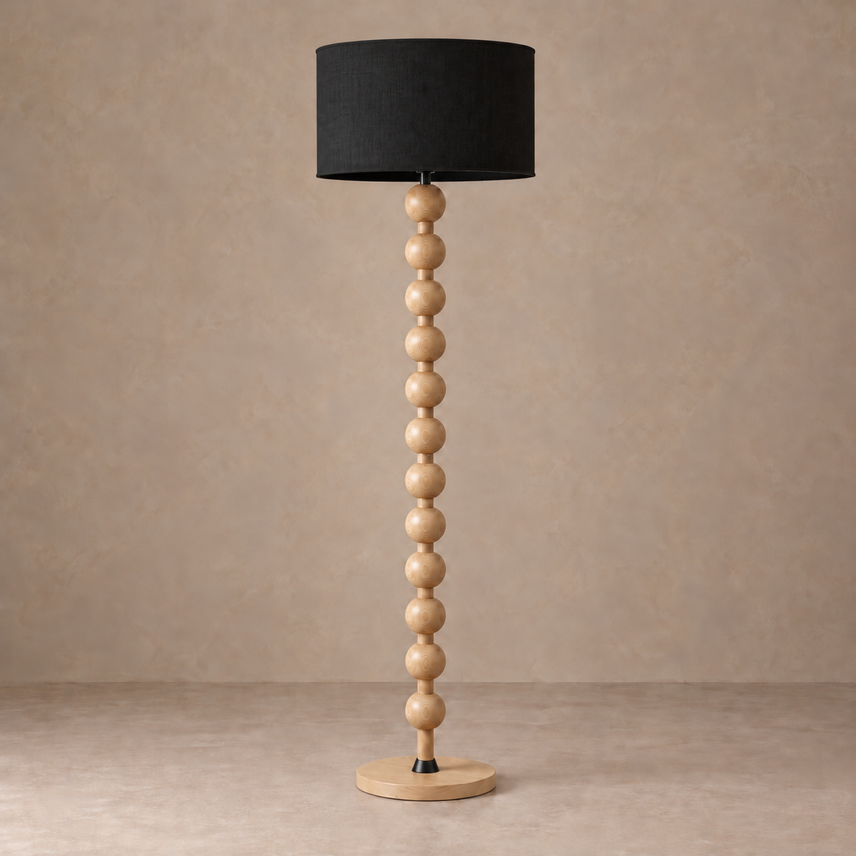 Ash-tone CL40XZ8 floor lamp with twelve round beads and black fabric shade.