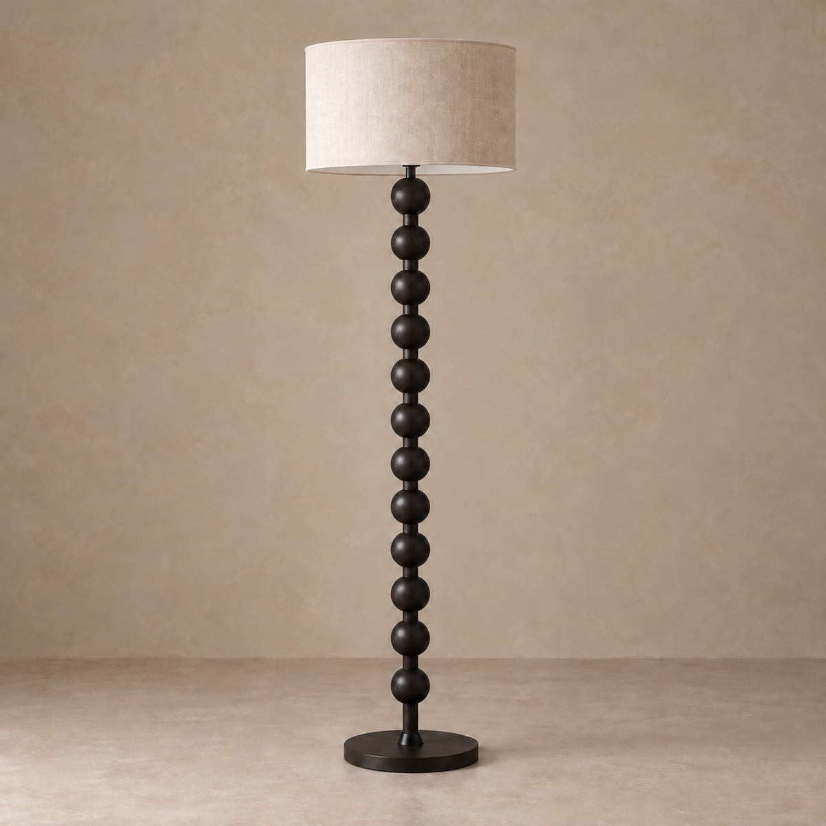 Black beaded CL40XZ8 floor lamp with a beige drum shade, switched off.