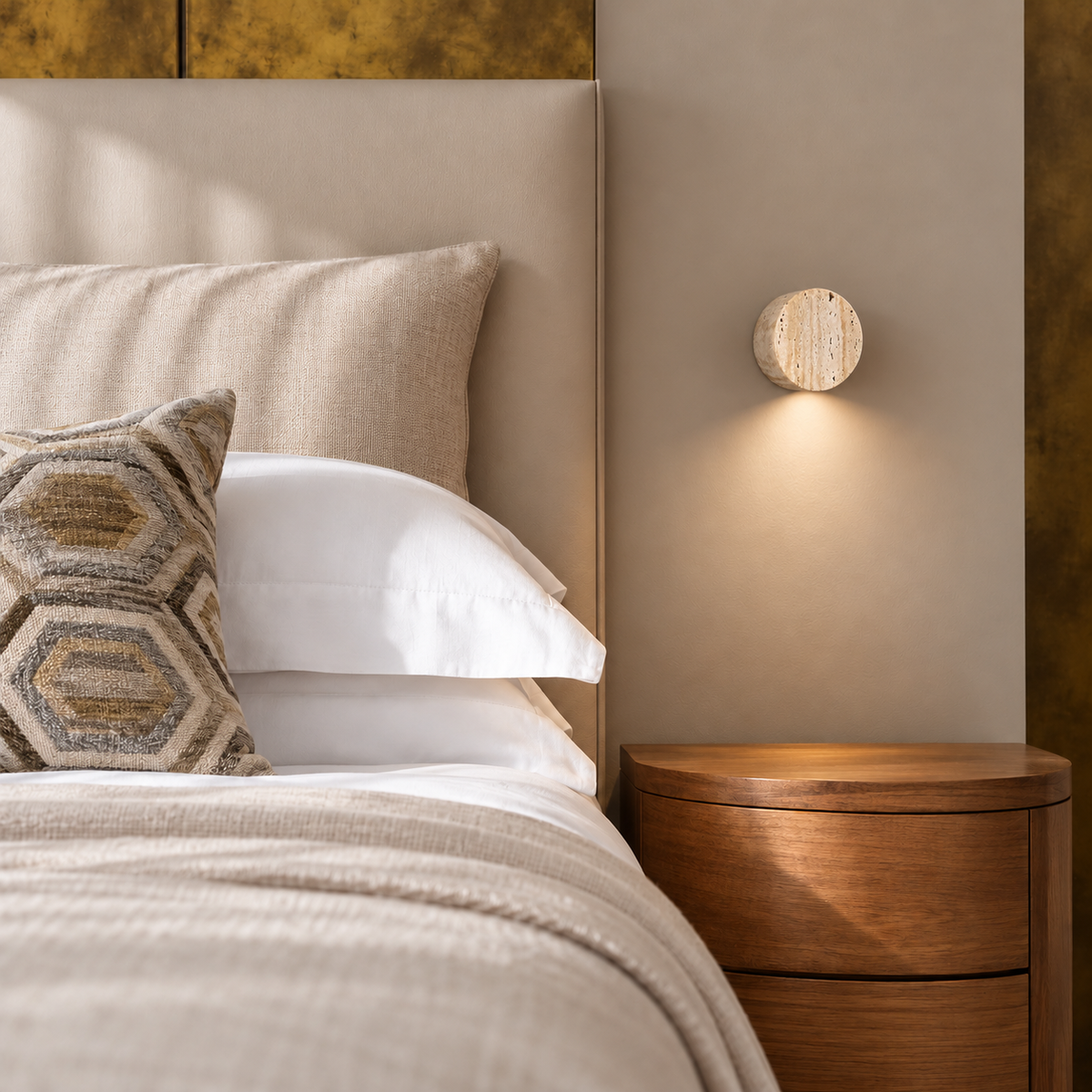 Bonetti travertine cylinder wall light, installed beside a bedside table