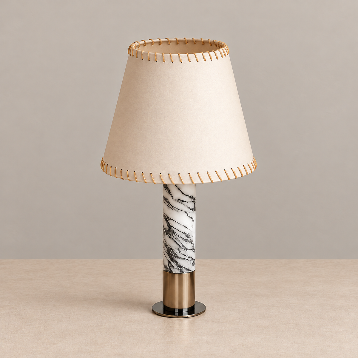 Short 50 cm parchment table lamp with a veined marble column, unlit