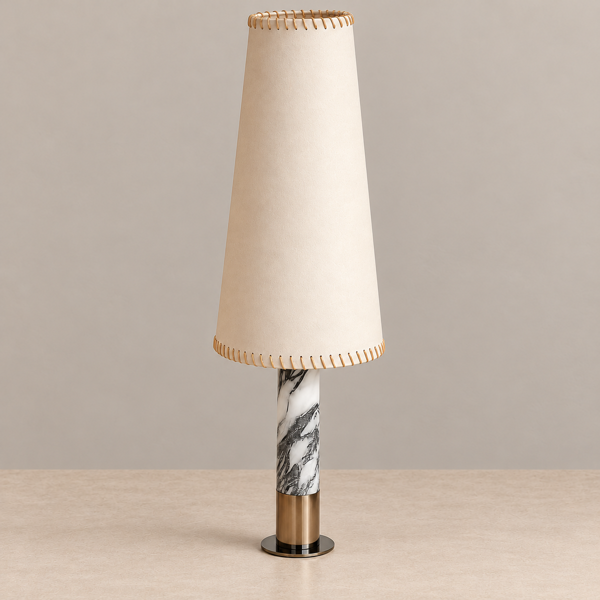 Tall 70 cm parchment table lamp with a veined marble column, unlit