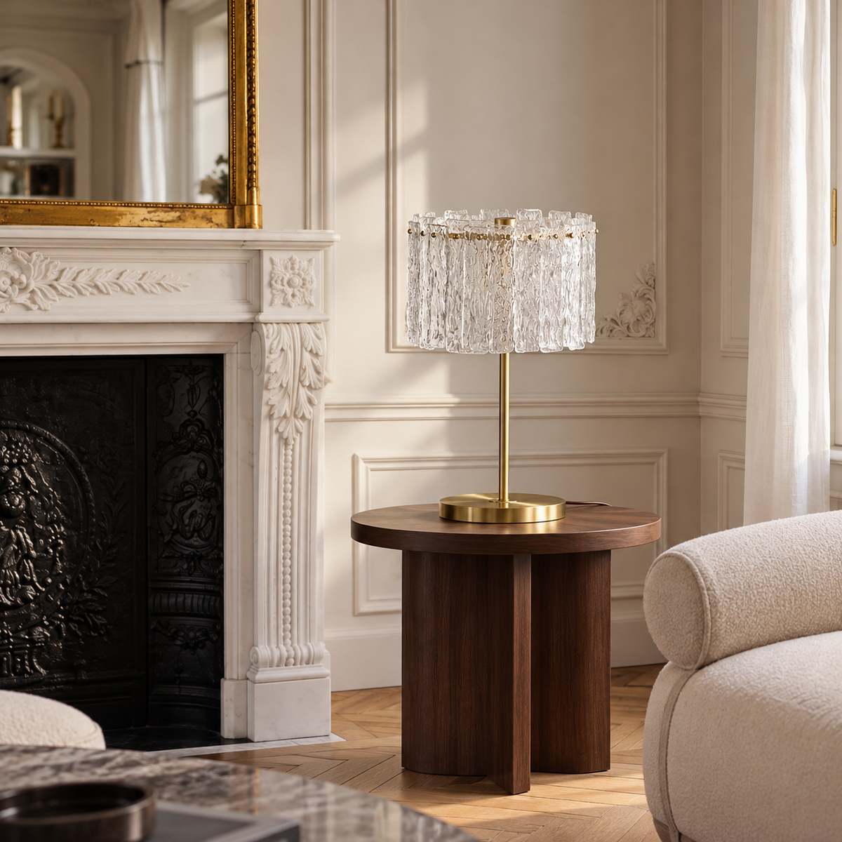 CLAZS99S glass and brass table lamp on a walnut side table beside a Parisian fireplace.