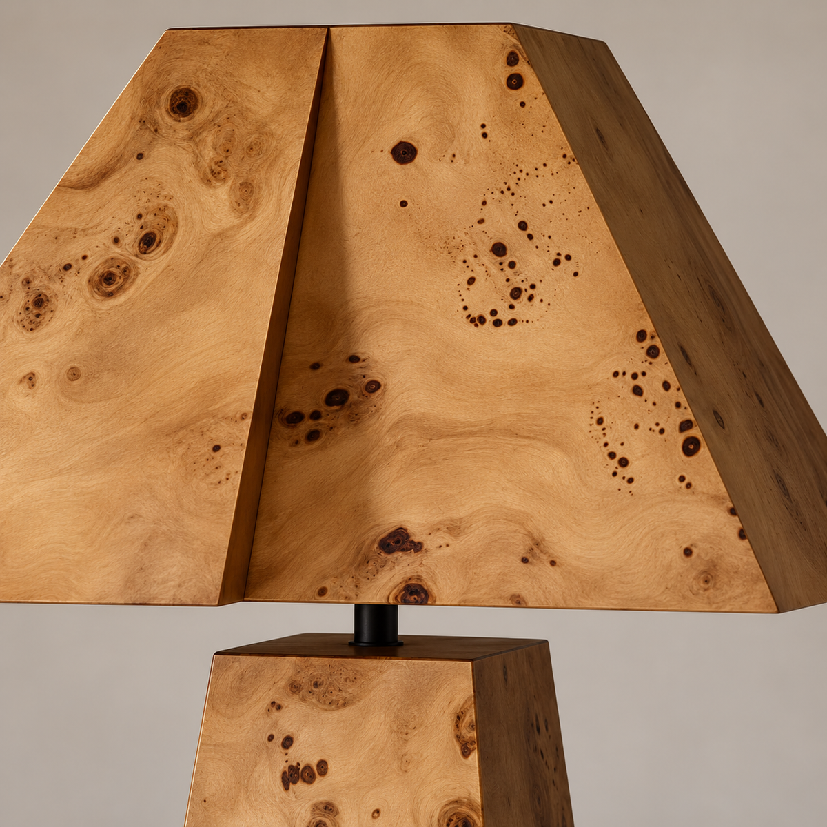 Close-up of burl grain and the folded edges of the wooden shade.