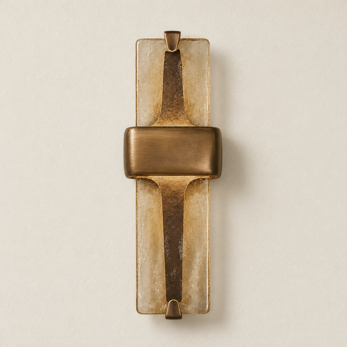 Unlit textured glass and brass wall sconce with a broad central brass band on warm ivory.