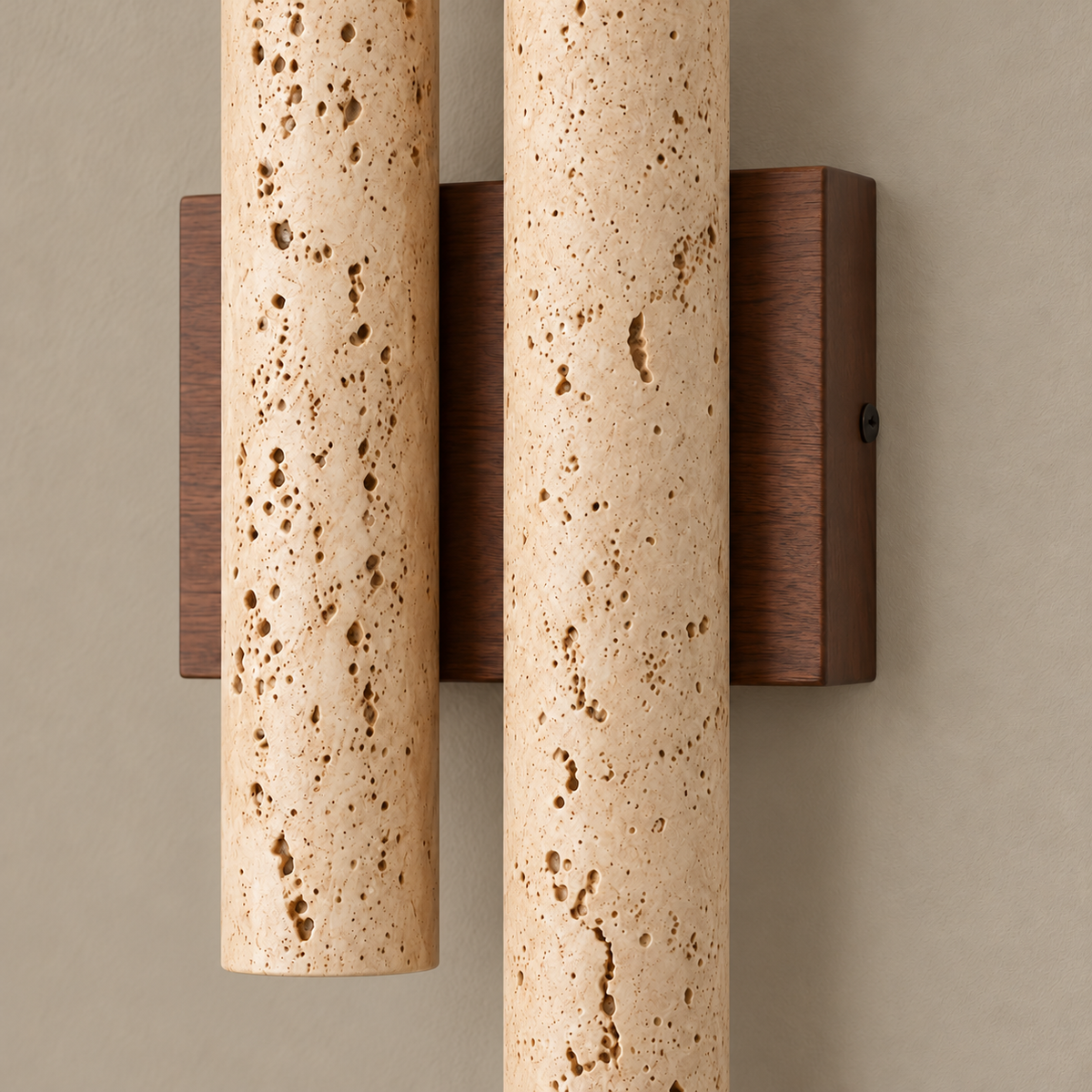 Double travertine and walnut wall sconce, close view of materials and mounting