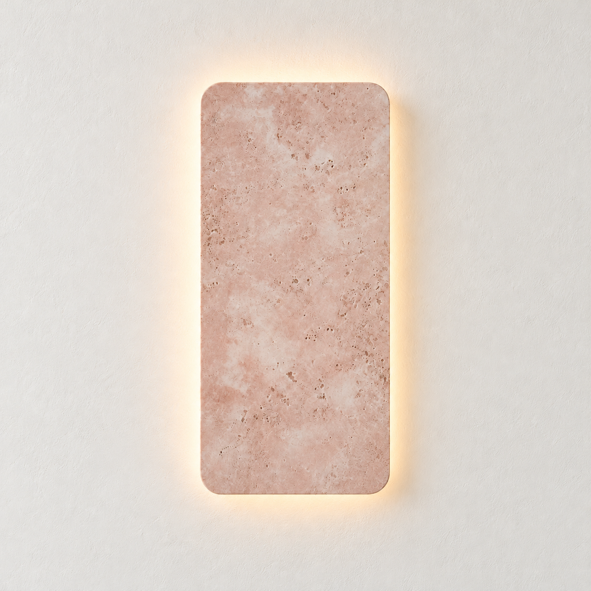Illuminated 65 cm pink marble wall lamp with a soft backlit halo on warm ivory.