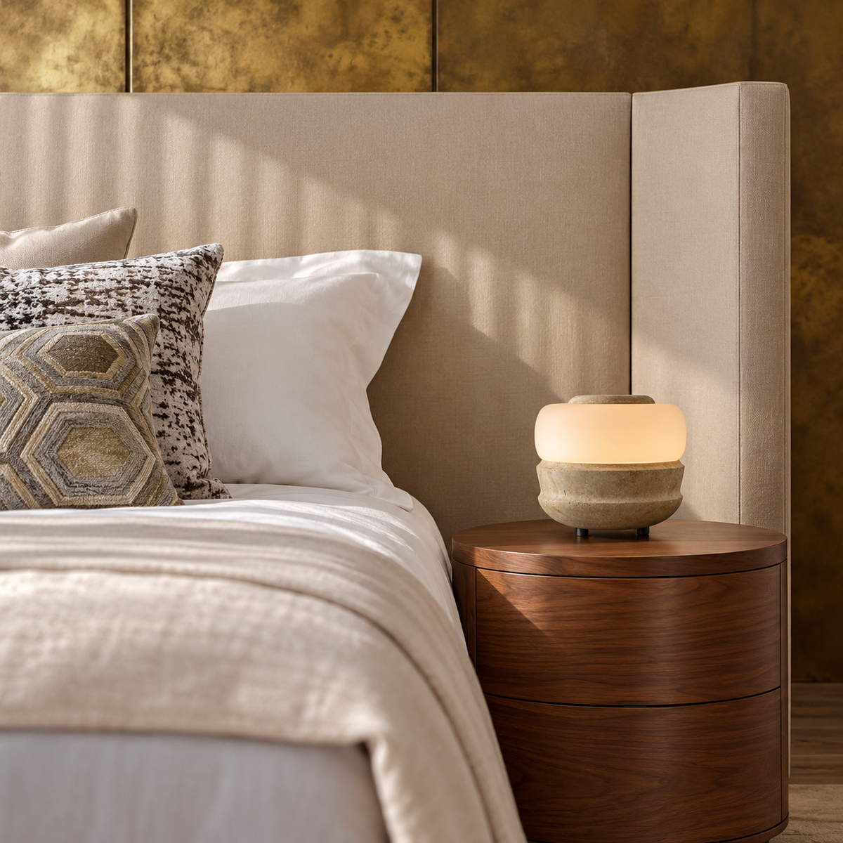 Compact stone table lamp with a frosted glass band, placed in a bedside setting