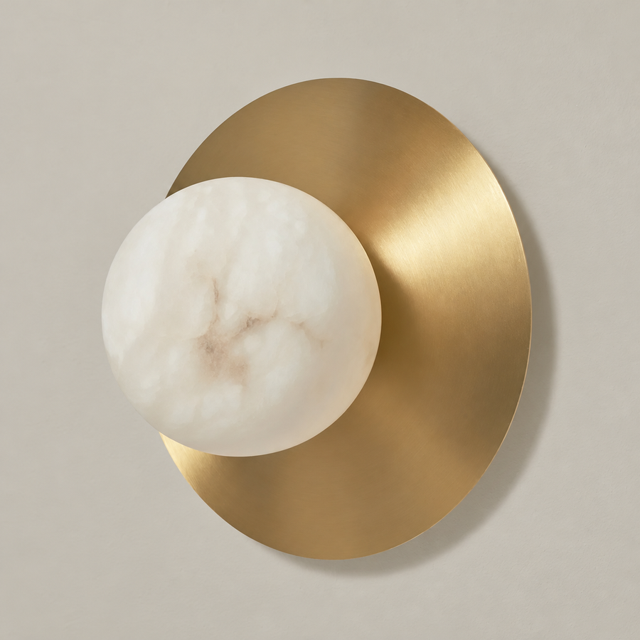 Alabaster Globe & Brass Disc Wall Sconce