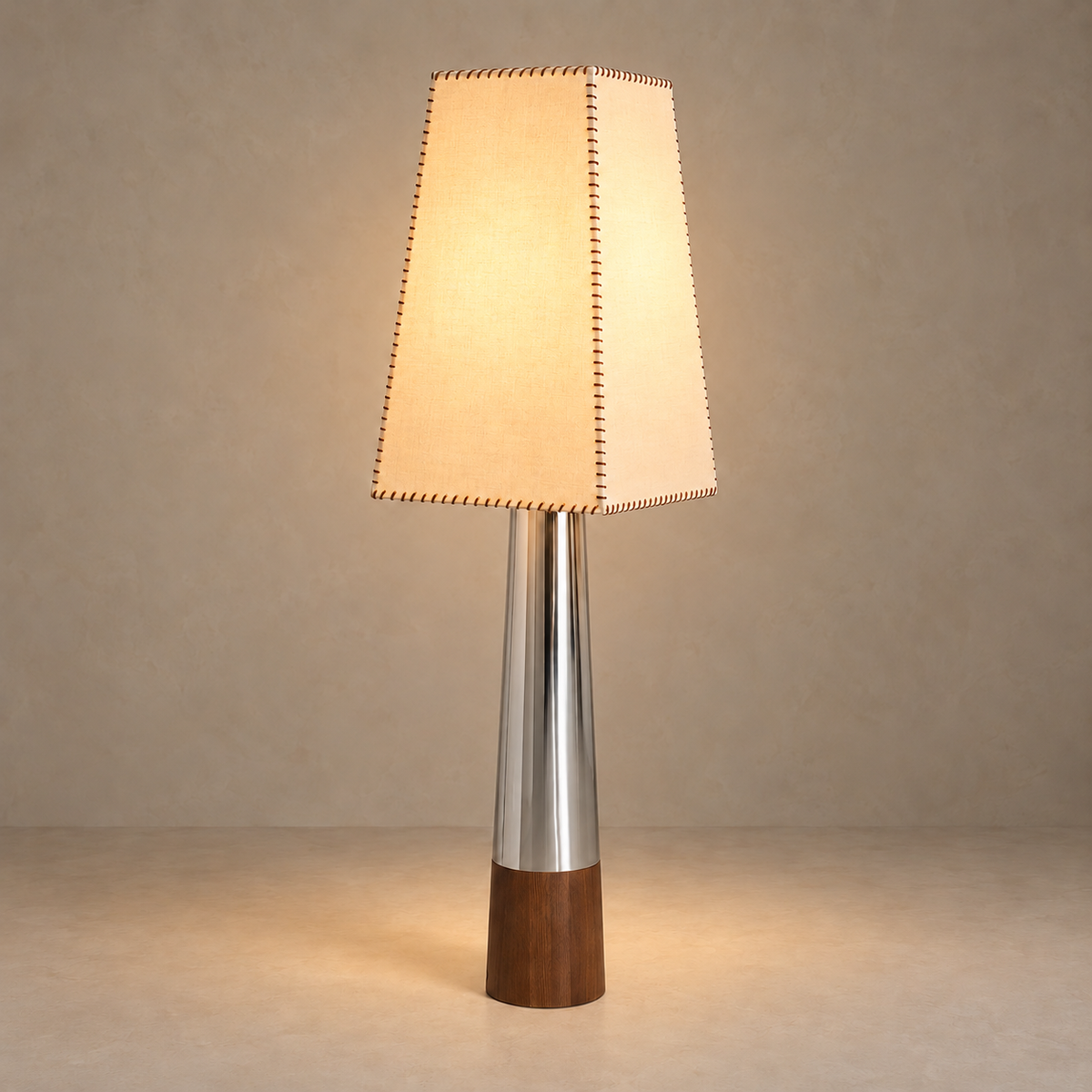 Illuminated stitched fabric shade on the CLKPUO15 walnut and chrome floor lamp.