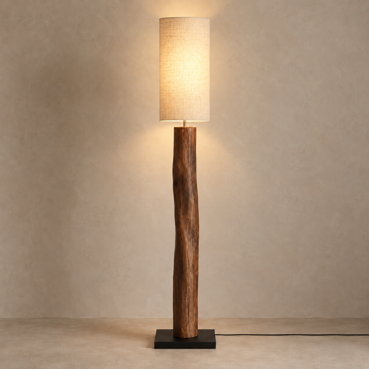 Legno Rustico 155 cm floor lamp illuminated, with light passing through its tall fabric shade.