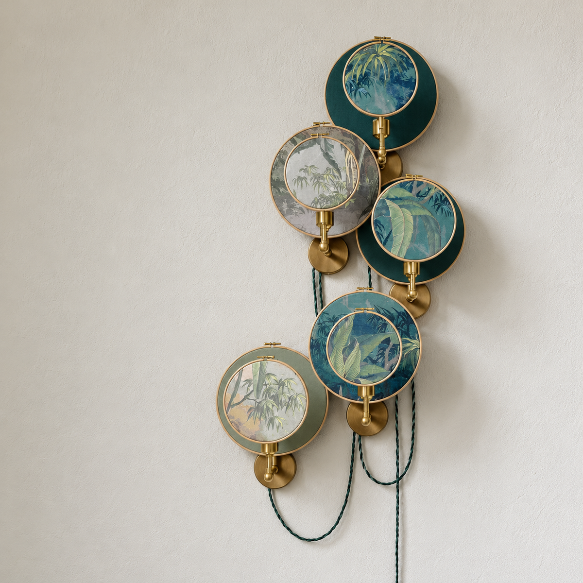 Five-panel Luce di Rame wall light with botanical shades and brass fittings.