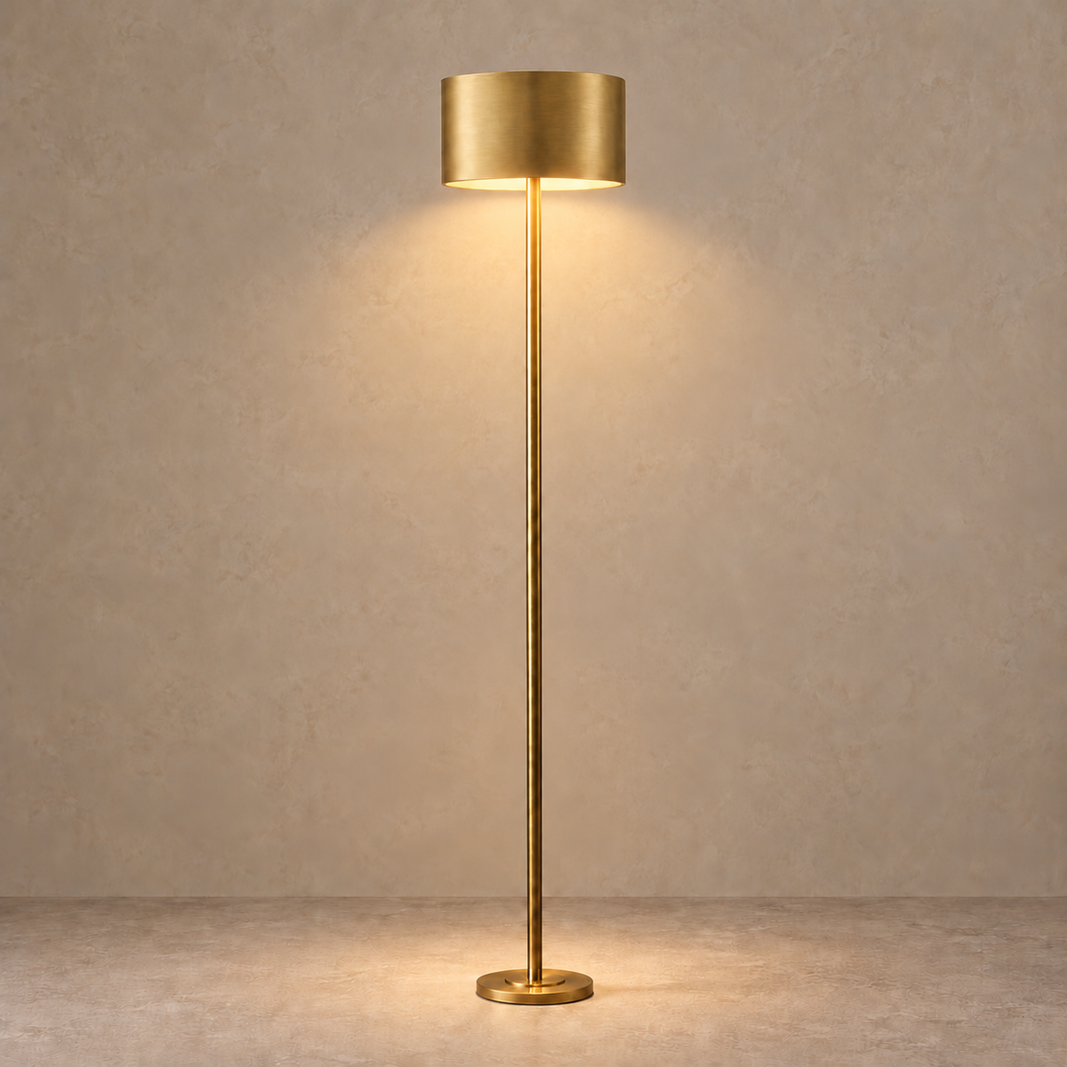 CLSEW025 switched on, casting light beneath its brass metal shade.