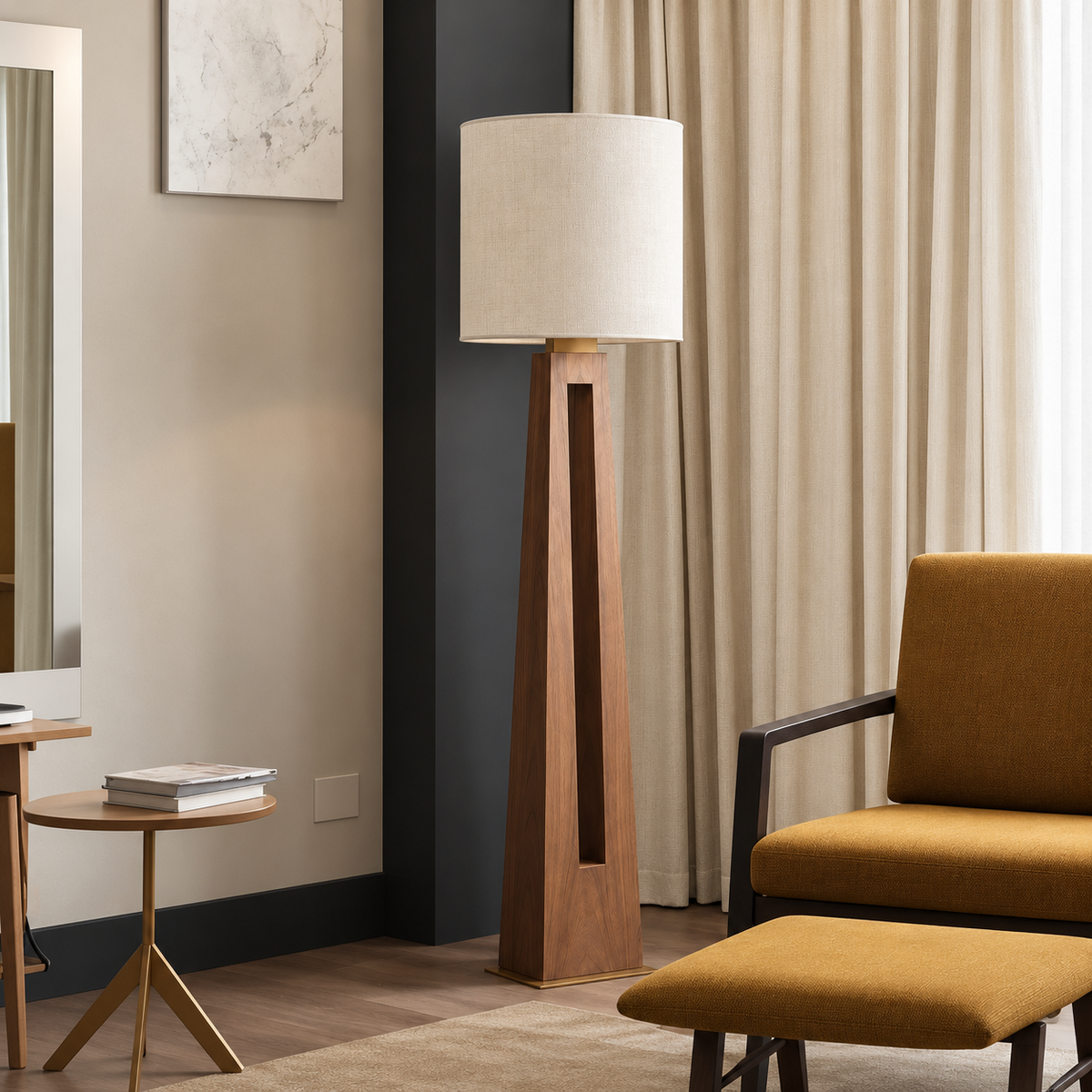 CLSSK6002 walnut floor lamp beside an ochre reading chair, footstool and round side table.