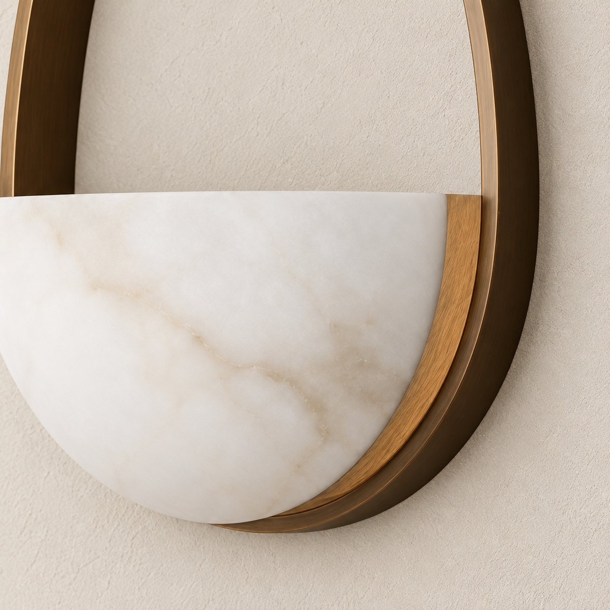 Detail of the alabaster bowl and bronze frame junction.