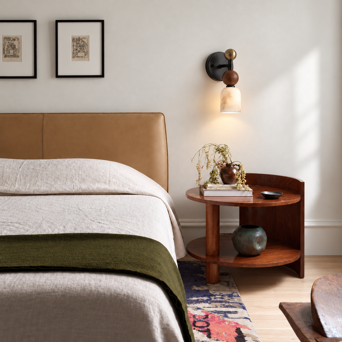 Black Totem Petite alabaster and Rosso marble wall sconce illuminated above a walnut bedside table beside an upholstered bed.
