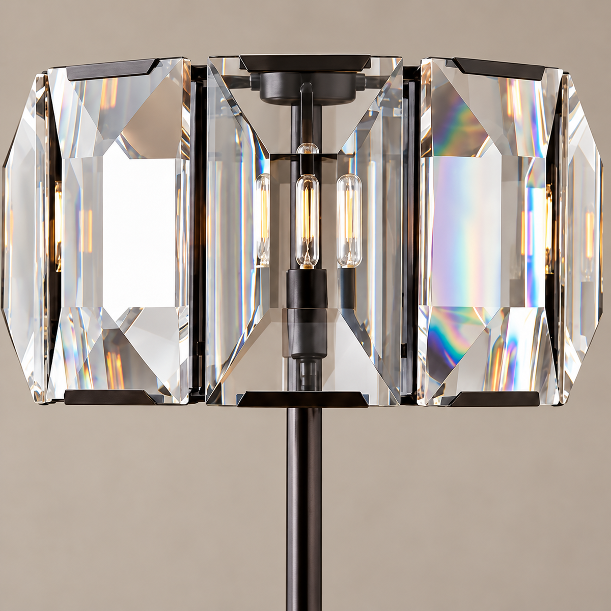 Faceted crystal panels and dark metal shade frame