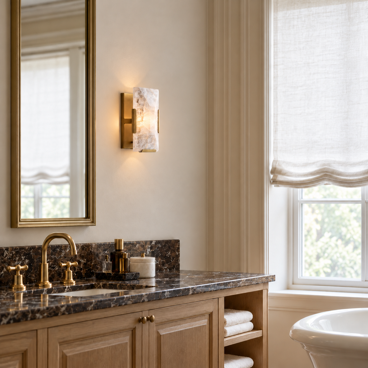 Calcite wall sconce with brass hardware installed beside a bathroom mirror.