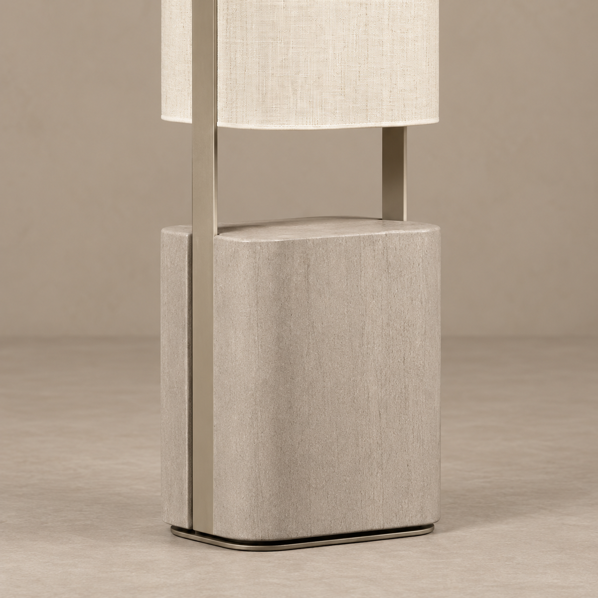 Close view of the CLUJH025S resin base, flat supports and lower linen shade edge.