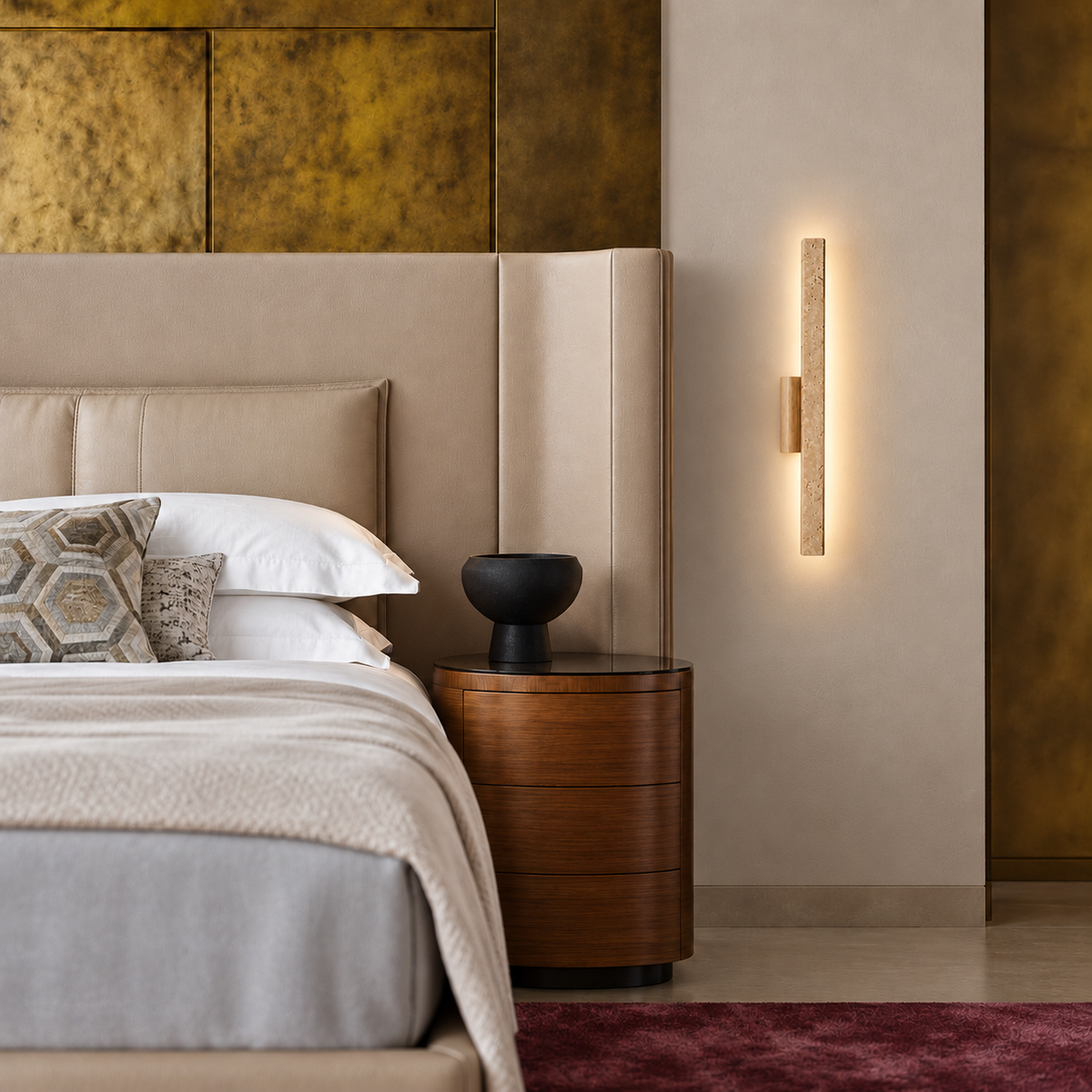Travertine and wood wall sconce, installed beside a bed
