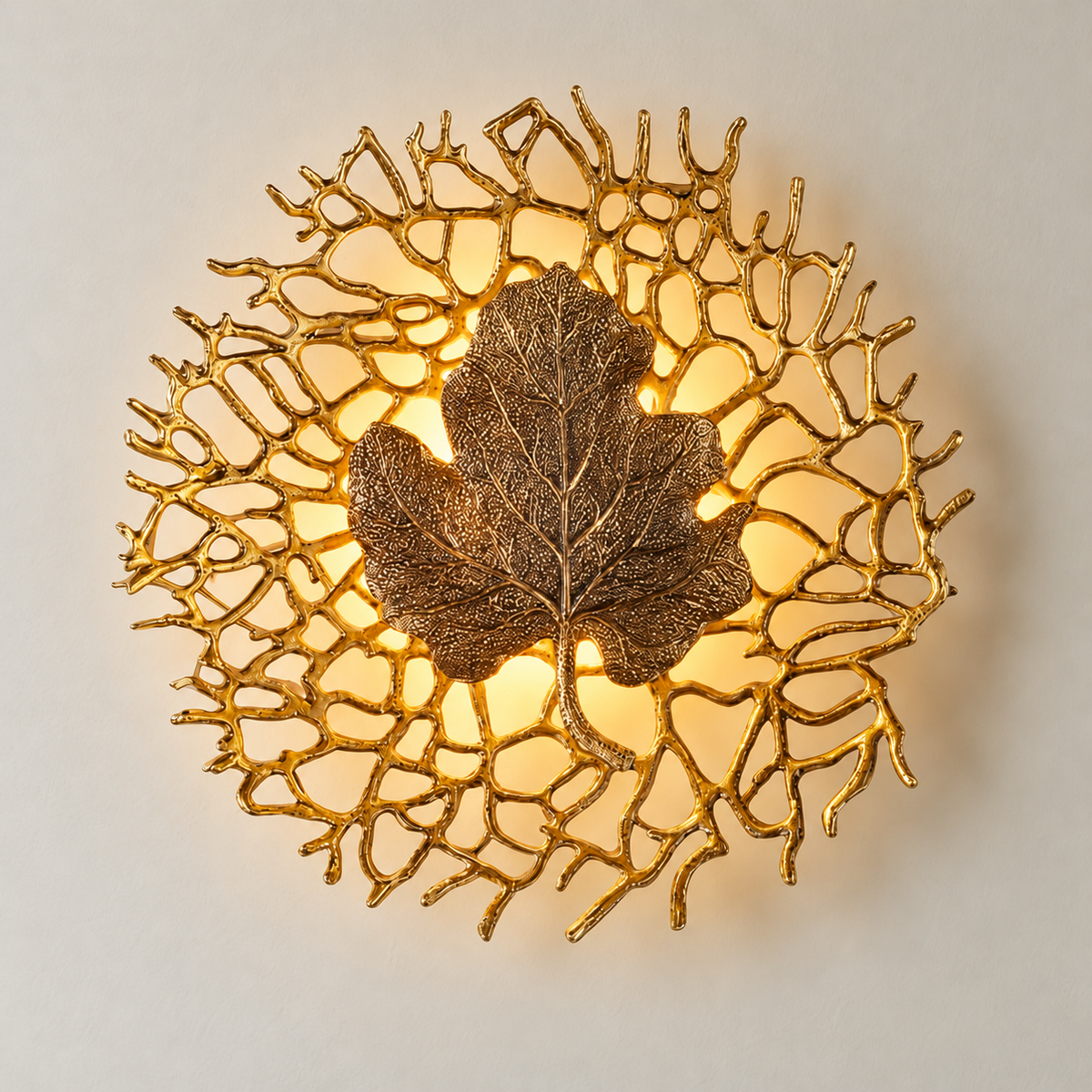 Gold leaf wall sconce illuminated from behind its openwork surround.