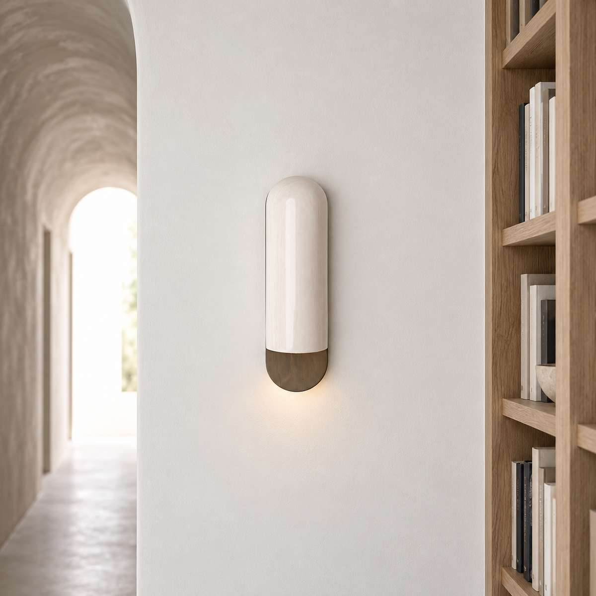 Crackle ceramic wall sconce on a broad ivory entryway wall beside an arched passage and oak shelving.