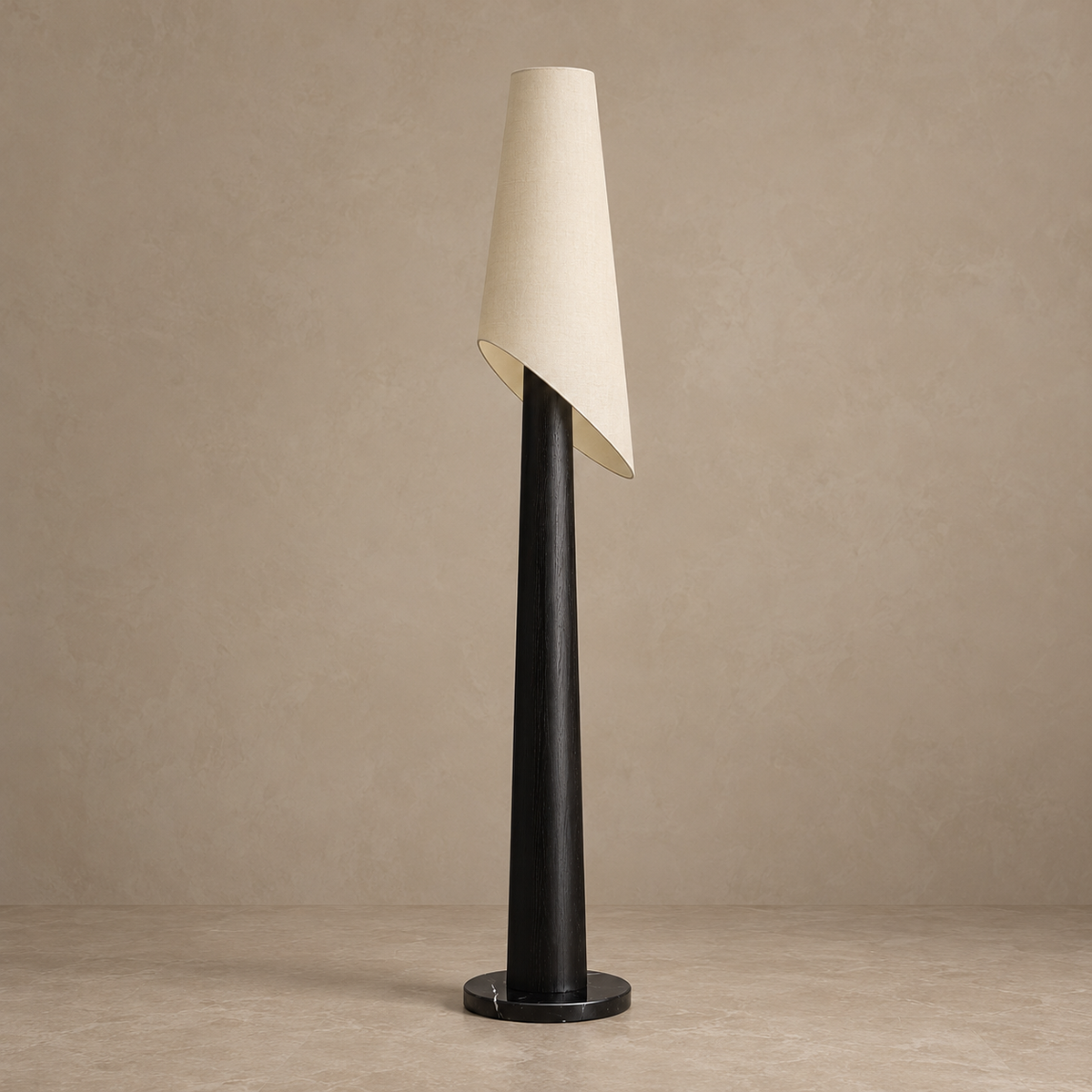 CLWOSD075 floor lamp in black wood with an unlit diagonal-cut linen shade.