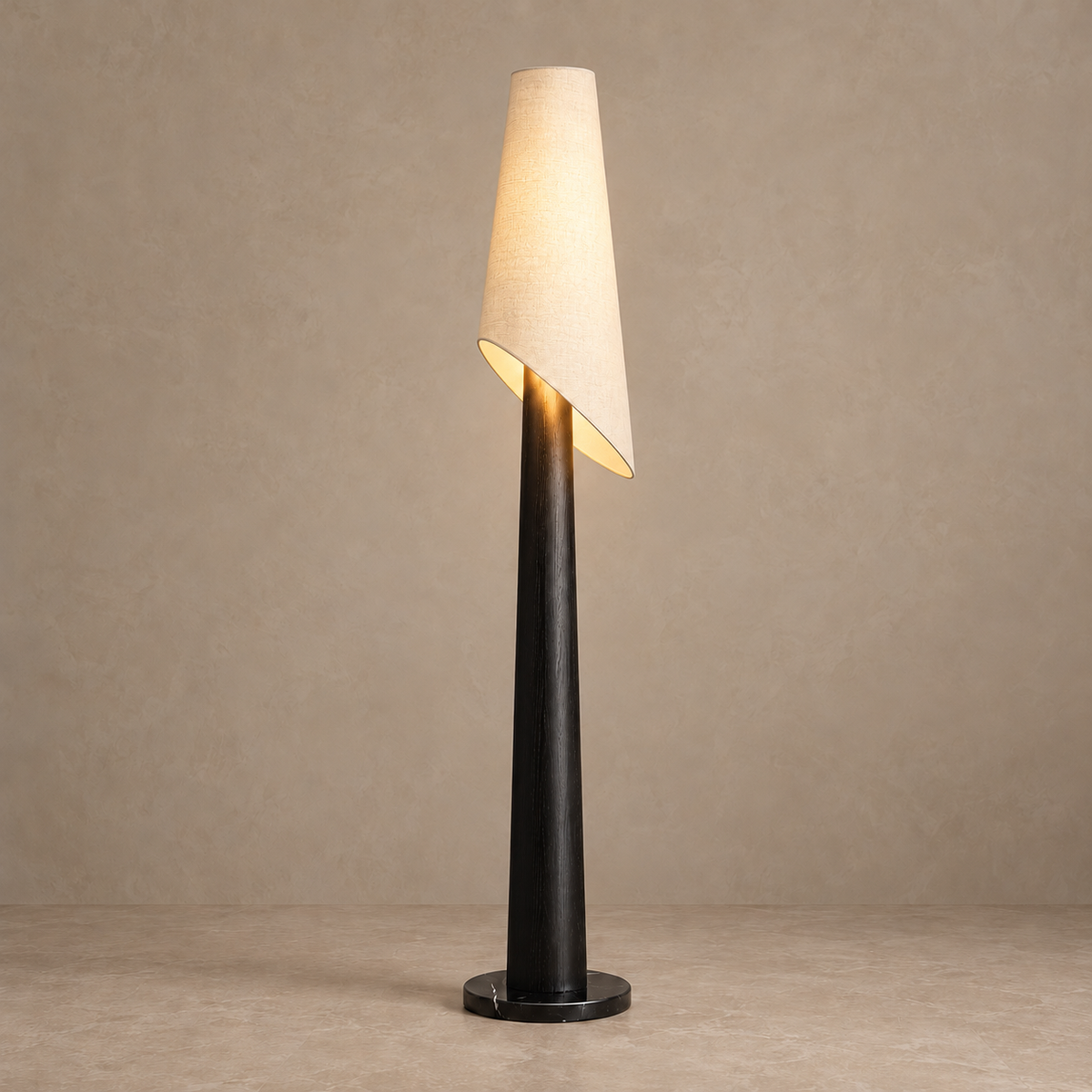Black CLWOSD075 floor lamp with its tall linen shade illuminated.