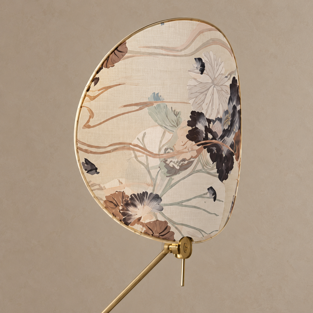 Botanical fabric pattern and brass adjustment hinge on the CLXDR026 shade.