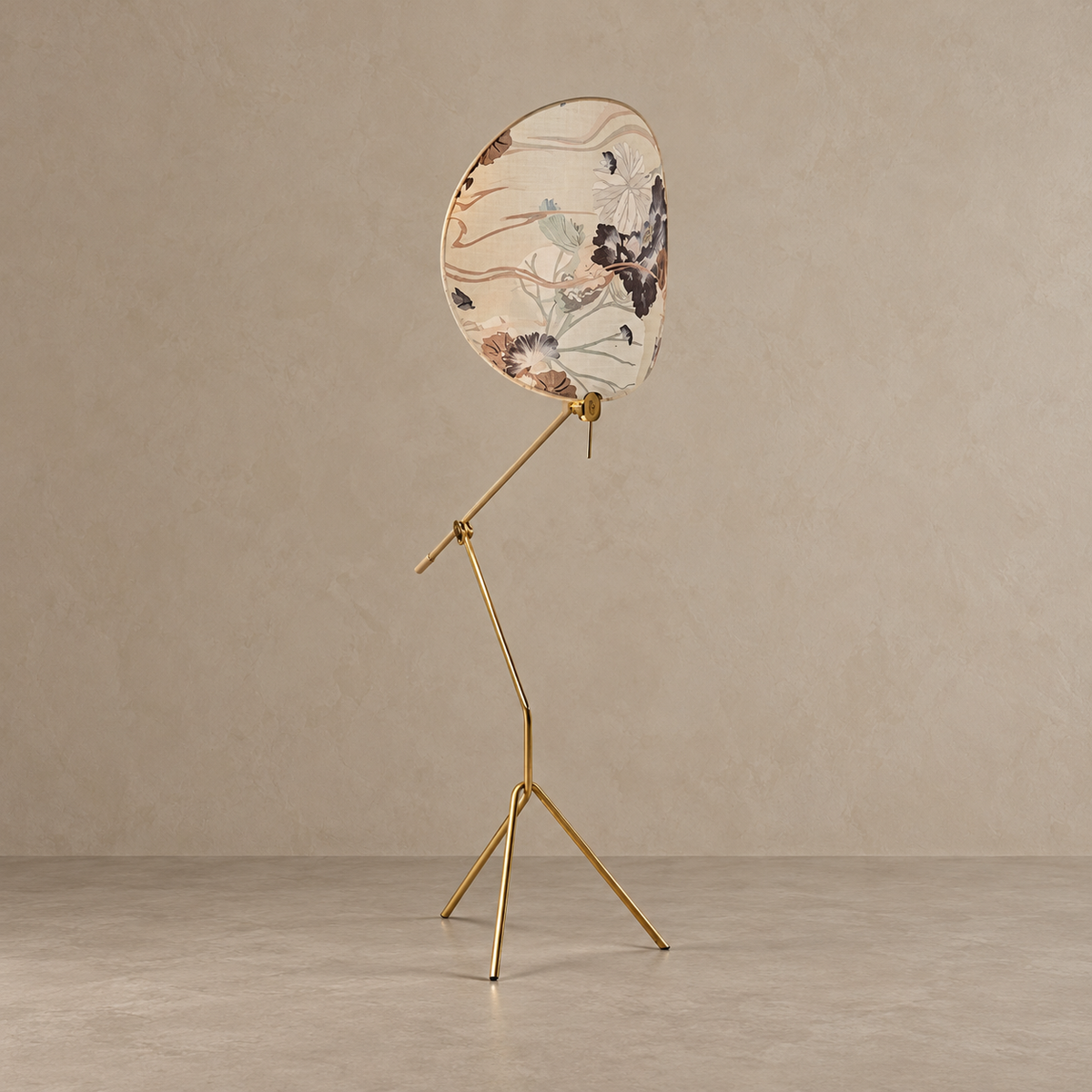 CLXDR026 white floral floor lamp switched off on its slender brass-finish tripod.
