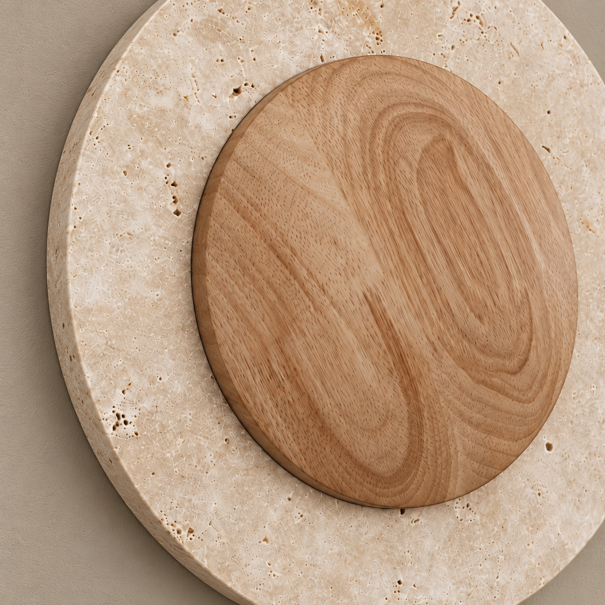 Round travertine and wood wall light, close view of the natural stone and mounting