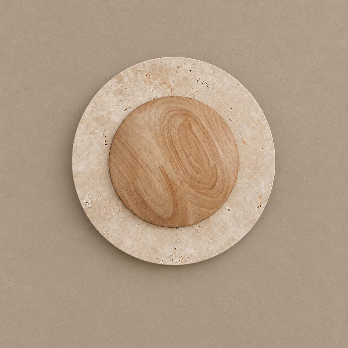 Round travertine and wood wall light, unlit on a stone-beige wall