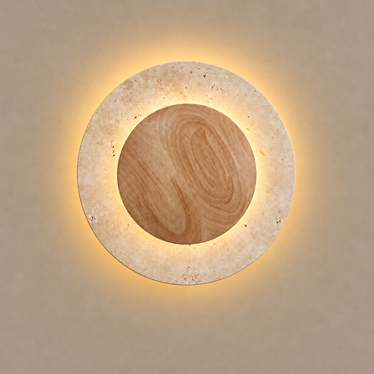 Round travertine and wood wall light, illuminated on a stone-beige wall