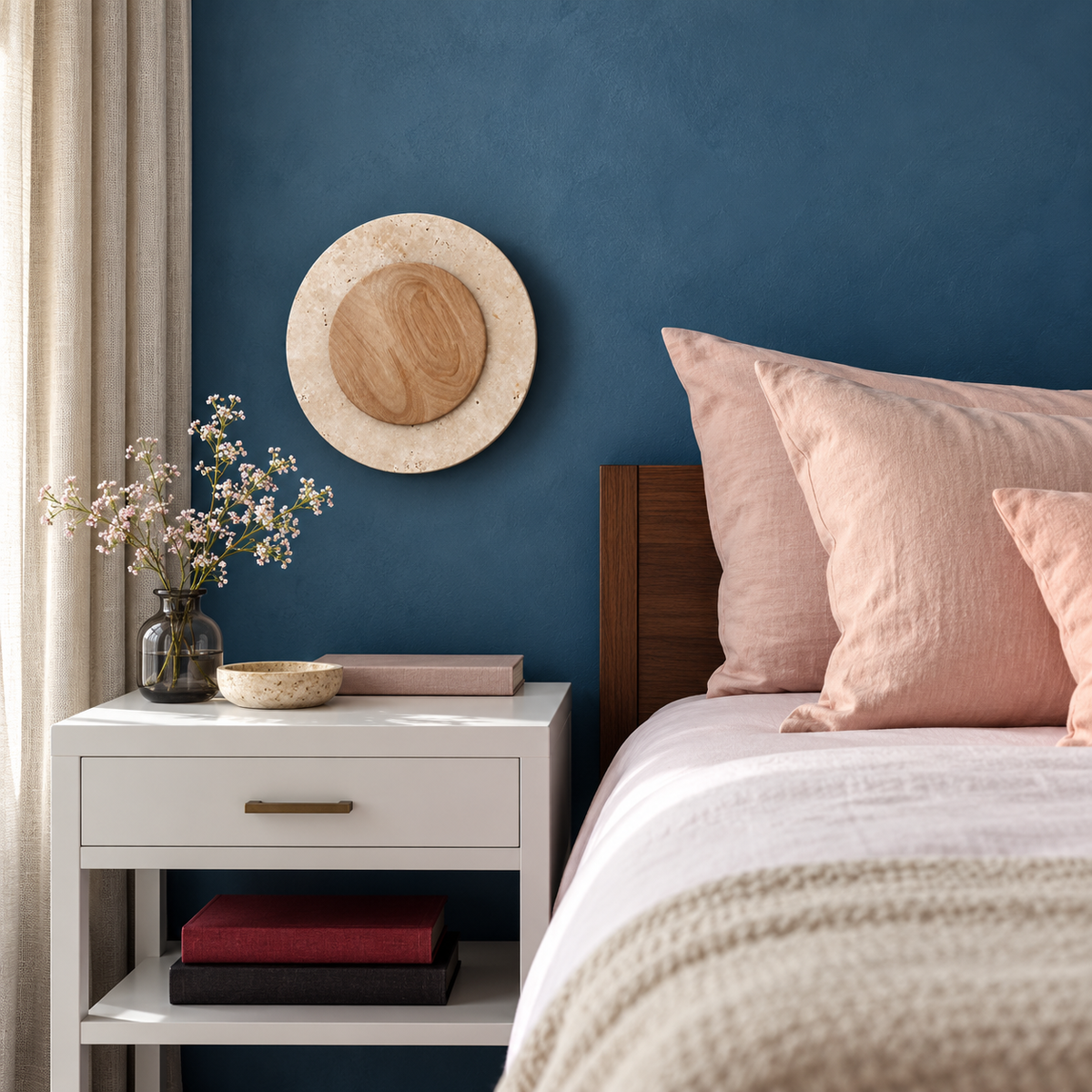 Round travertine and wood wall light, installed beside a bed in a blue bedroom