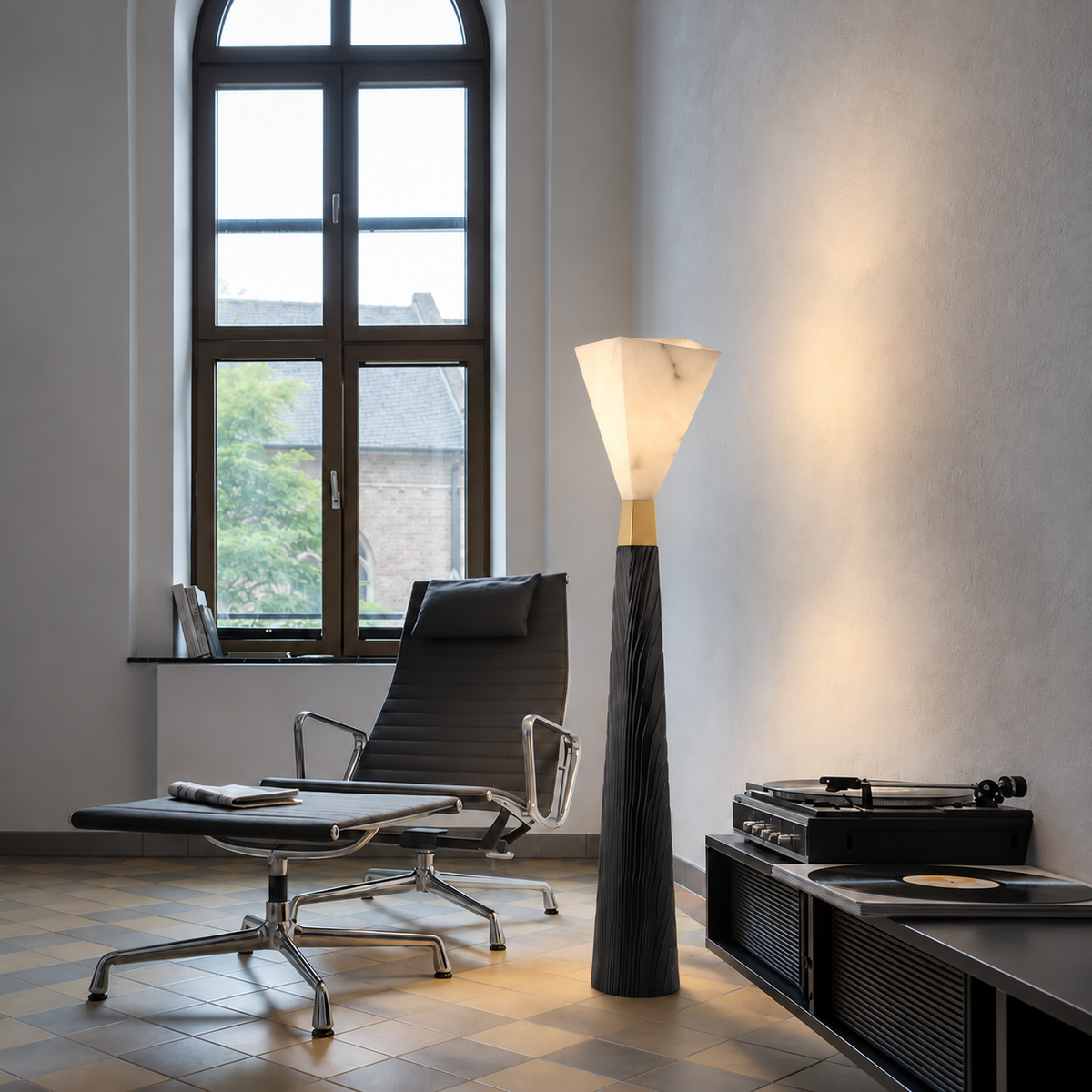 CLZX89550 floor lamp beside a leather lounge chair and record player in a tiled listening room.