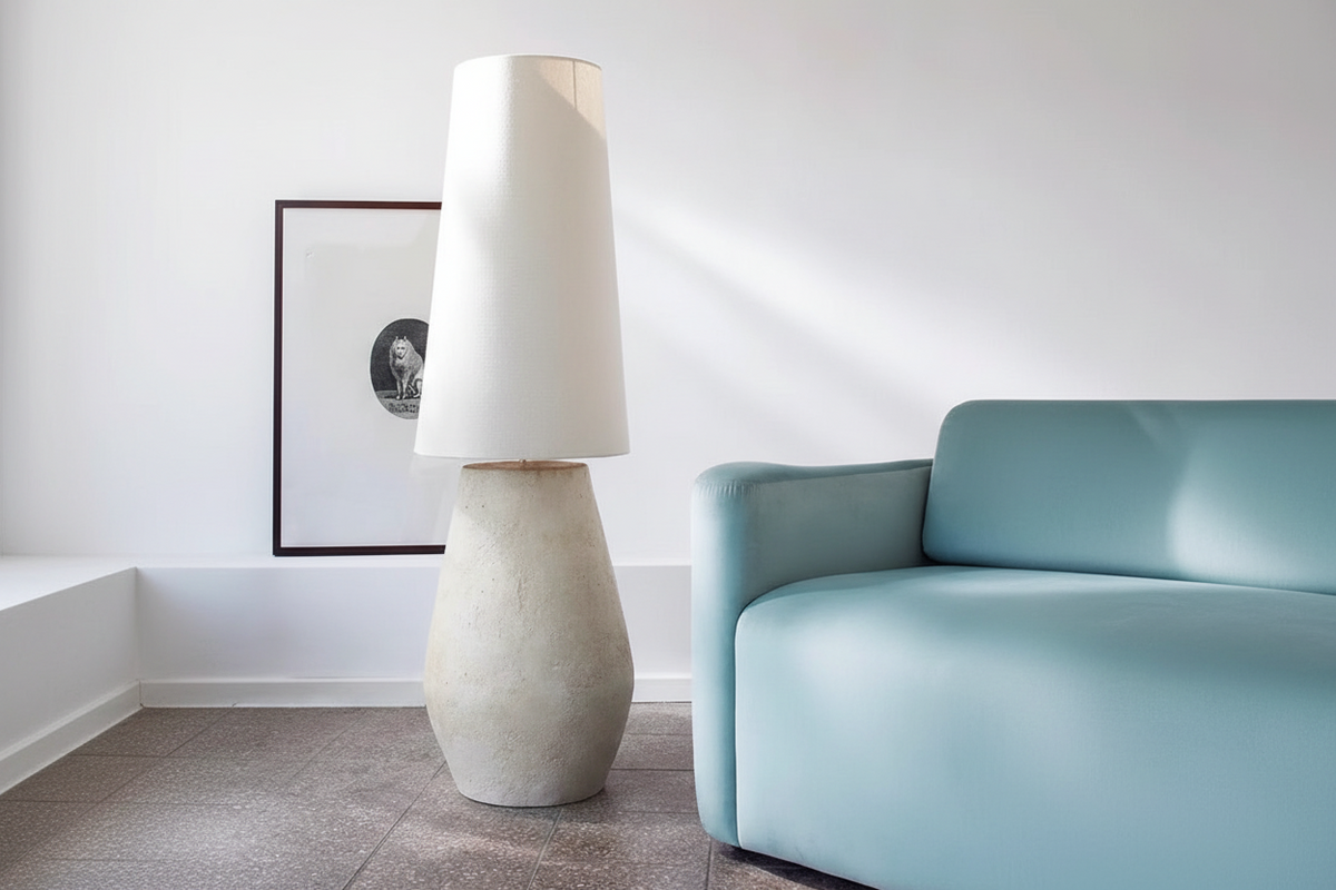 Plaster Vessel Floor Lamp Linen Shade | 150cm Tall E27/e26 Organic Modern Bedside or Sofa Light Casalola Lights Luxury