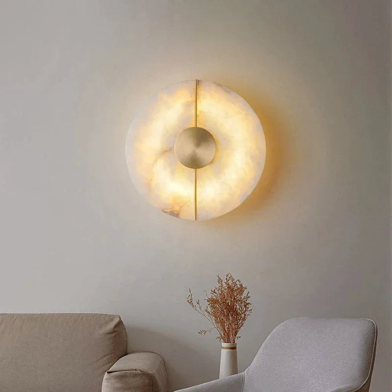 Marble Wall Light | Contemporary Round Stone Sconce with Copper Accents Dual Led Foyer & Bedroom Casalolalights Luxury