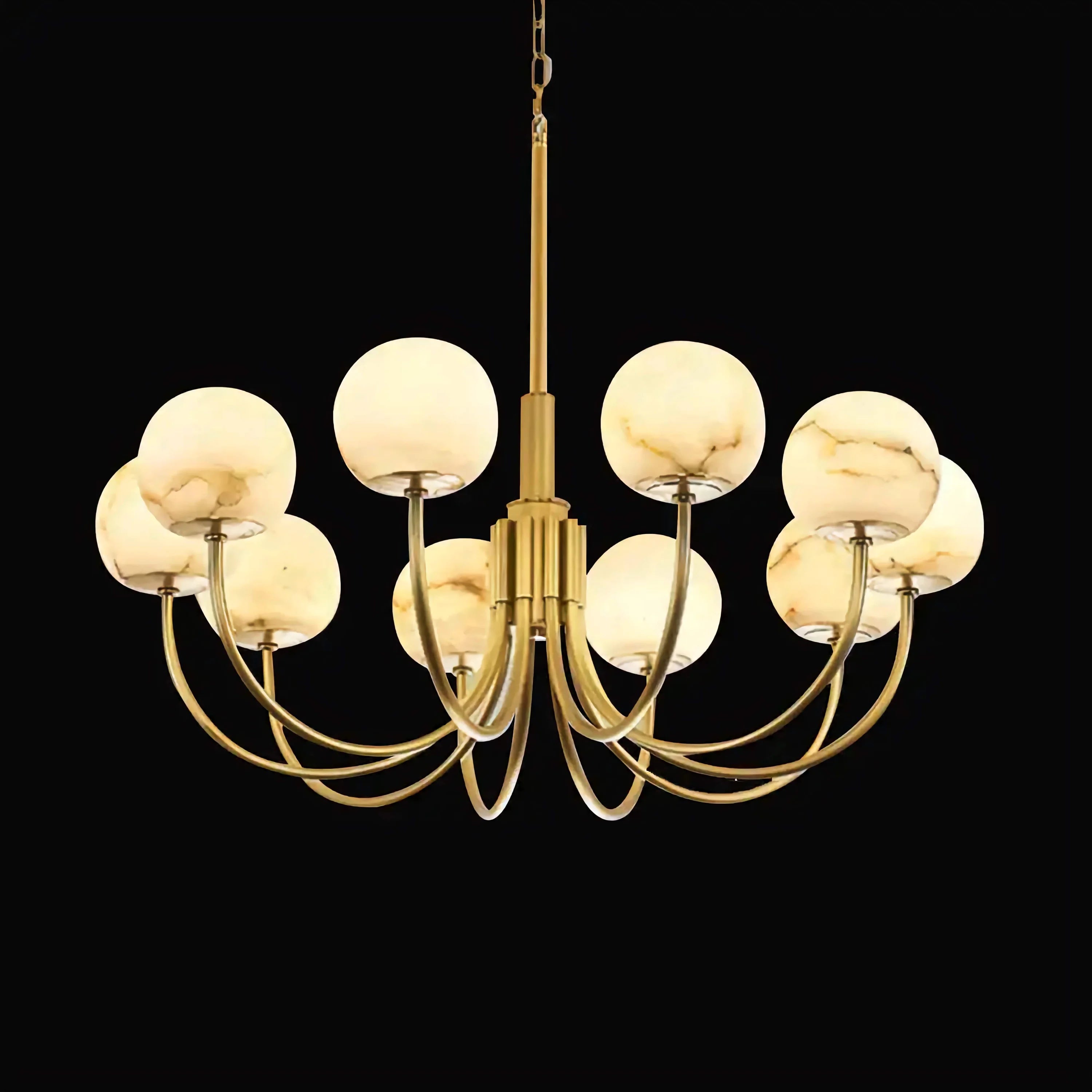 Brushed Brass Chandelier with Alabaster Globes | Modern Dining Room Lighting Fixture