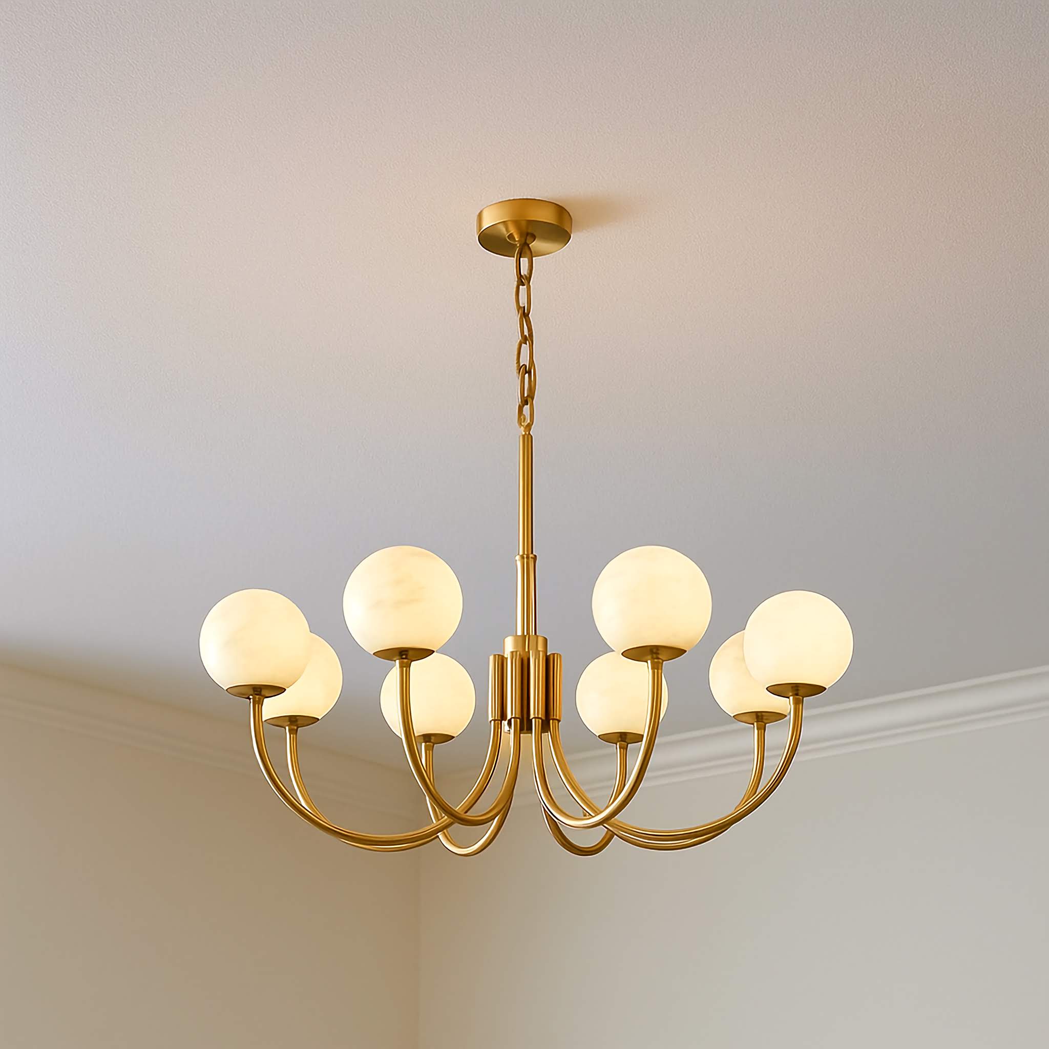 Brushed Brass Chandelier with Alabaster Globes | Modern Dining Room Lighting Fixture