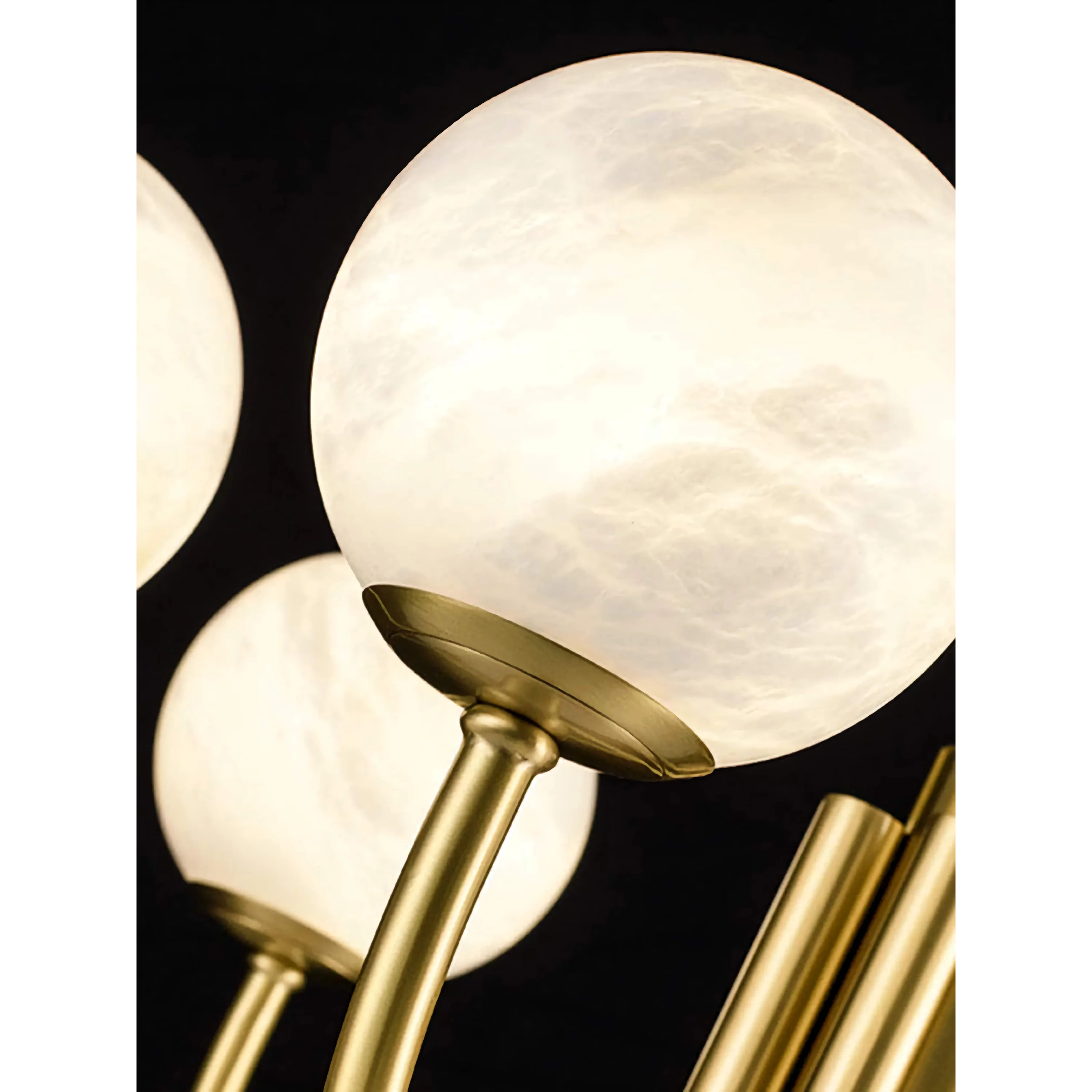 Brushed Brass Chandelier with Alabaster Globes | Modern Dining Room Lighting Fixture