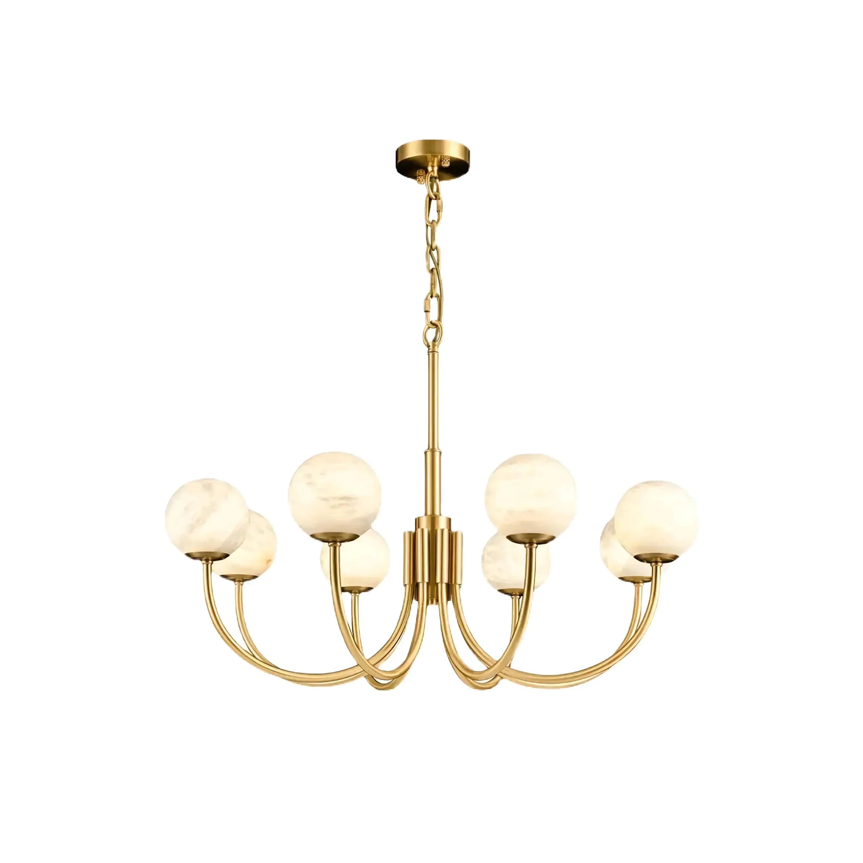 Brushed Brass Chandelier with Alabaster Globes | Modern Dining Room Lighting Fixture