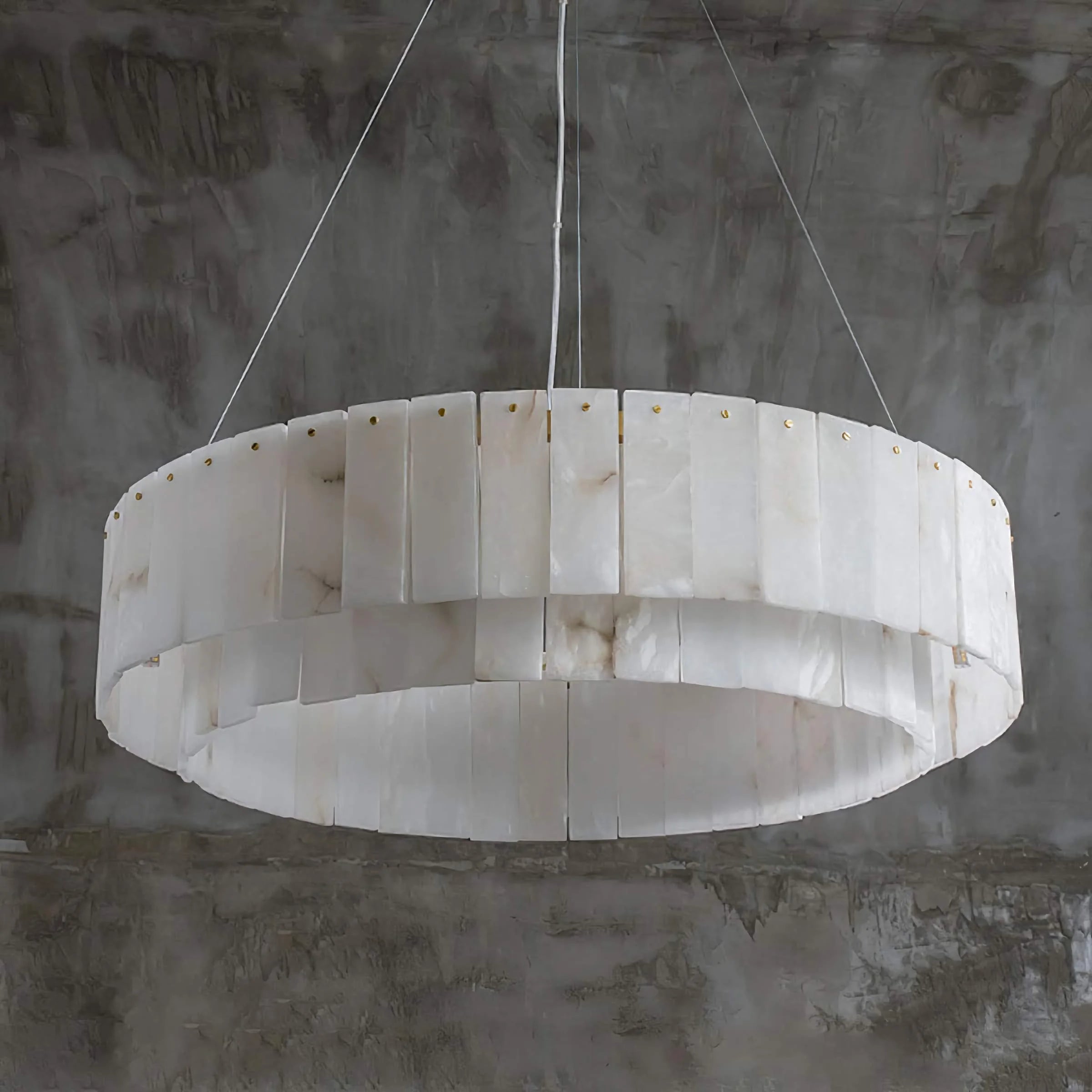 Double Tier Alabaster Ring Chandelier | Sculptural Suspended Lighting for Dining or Entry