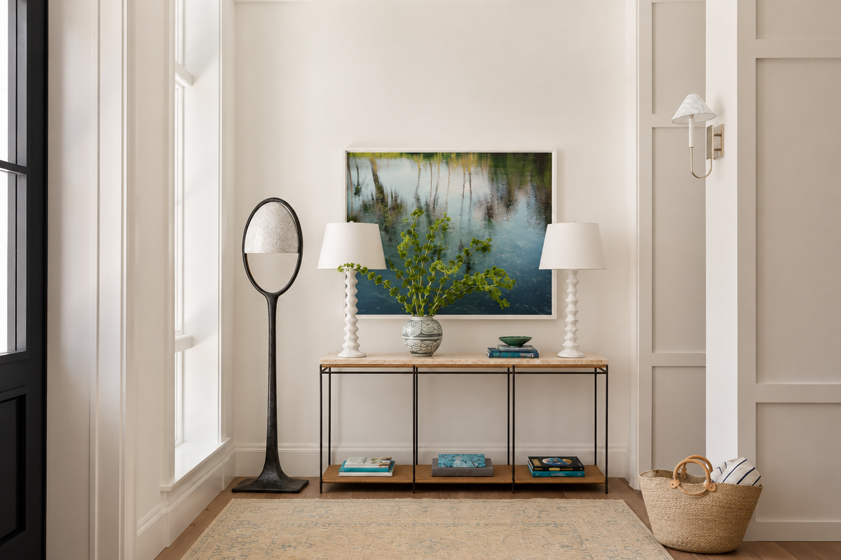 Cup CLCUP0148 floor lamp beside a console in a bright entrance with a black glazed door.
