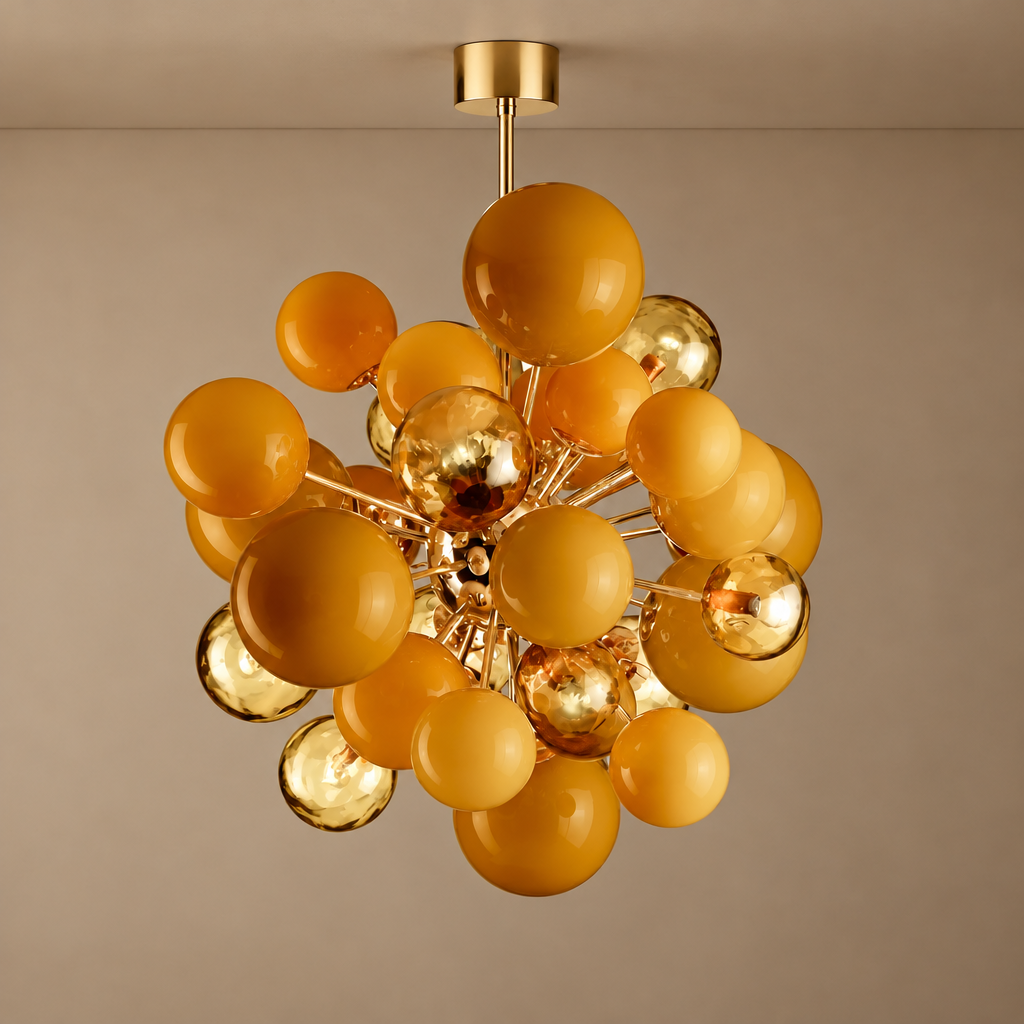Murano Style Orange Glass Globe Chandelier Brass | Large Statement for an Entry Hall Custom Rod Casalola Lights Luxury