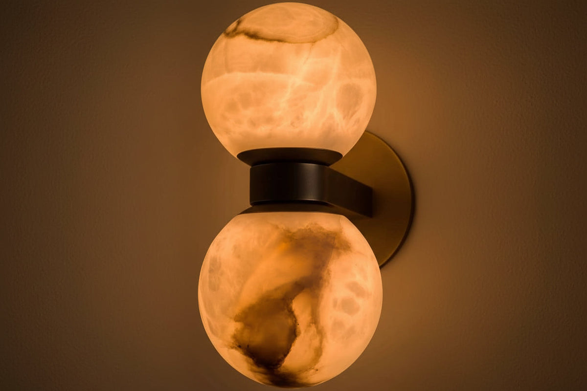 Double Genuine Alabaster Globe Wall Sconce Brass | Ip44 Vanity Hallway Pair 2 Lights Casalola Luxury Lamps for Interior