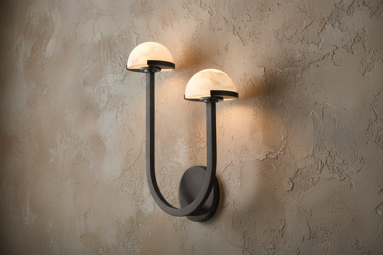 Black double brass and alabaster wall sconce full view