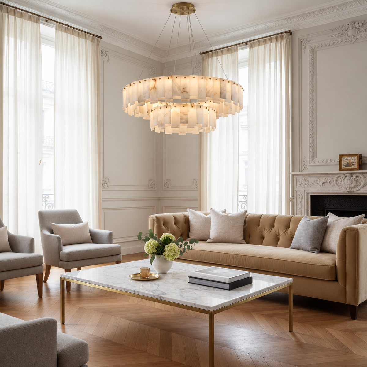Two-tier alabaster chandelier above a marble coffee table in a living room with tall windows.