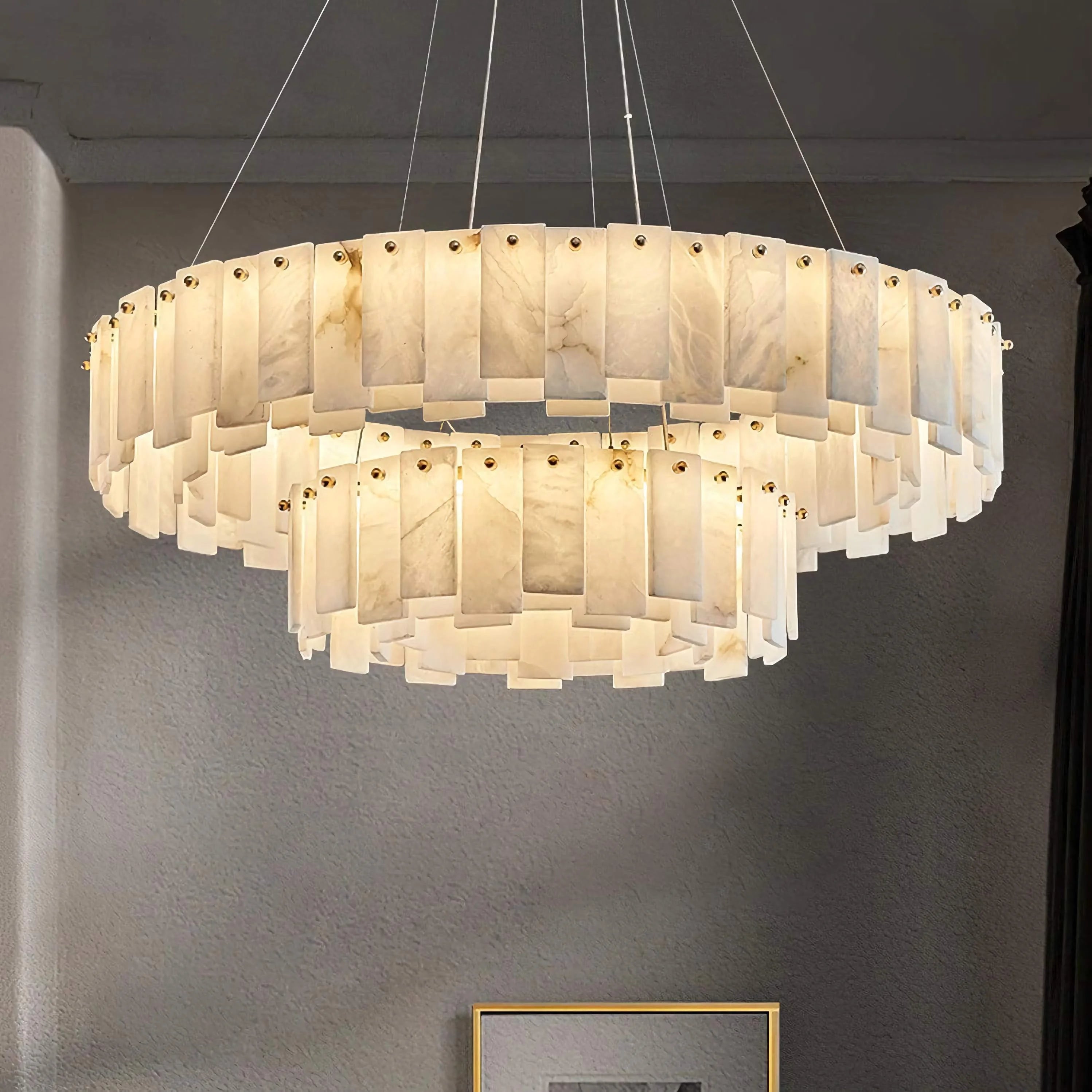 Double Layer Round Alabaster Chandelier Over the Dining Table or in Living Room | Casalola Lights