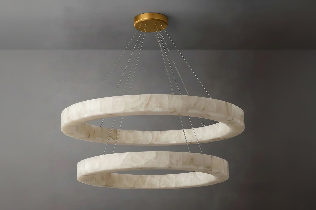 Double-ring alabaster chandelier over a kitchen island